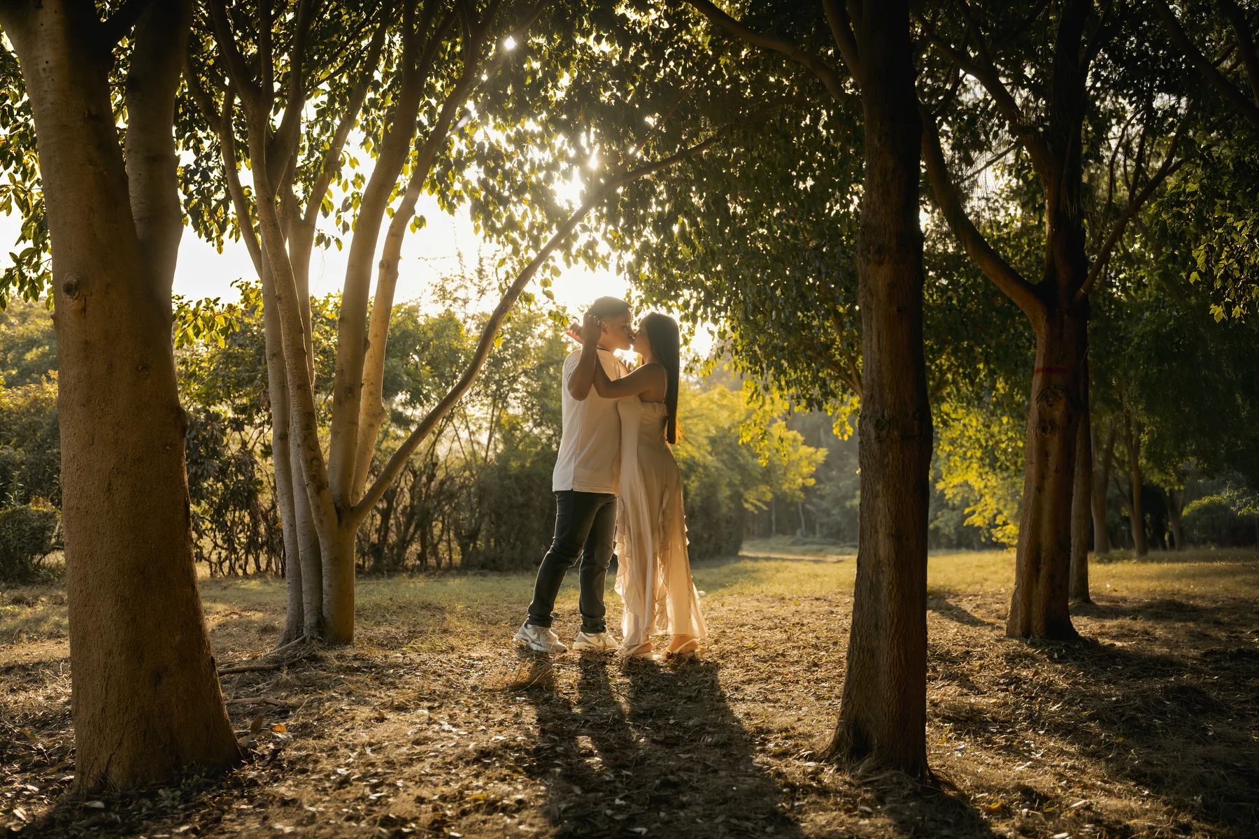 Pareja abrazada bajo los árboles con luz cálida al fondo